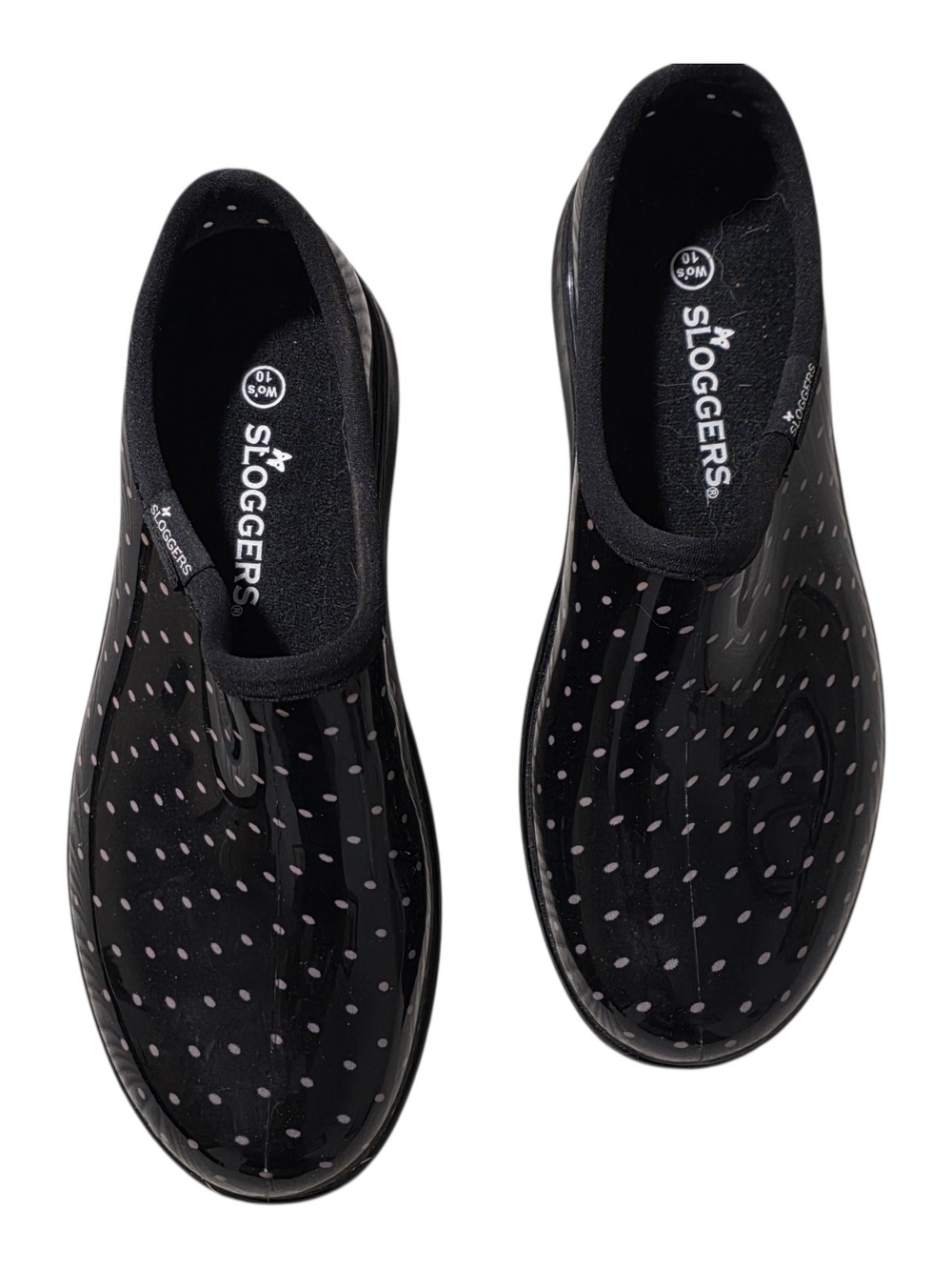 Sloggers Women's Black Rain Clogs with Light Pink Polka Dots Size 10
